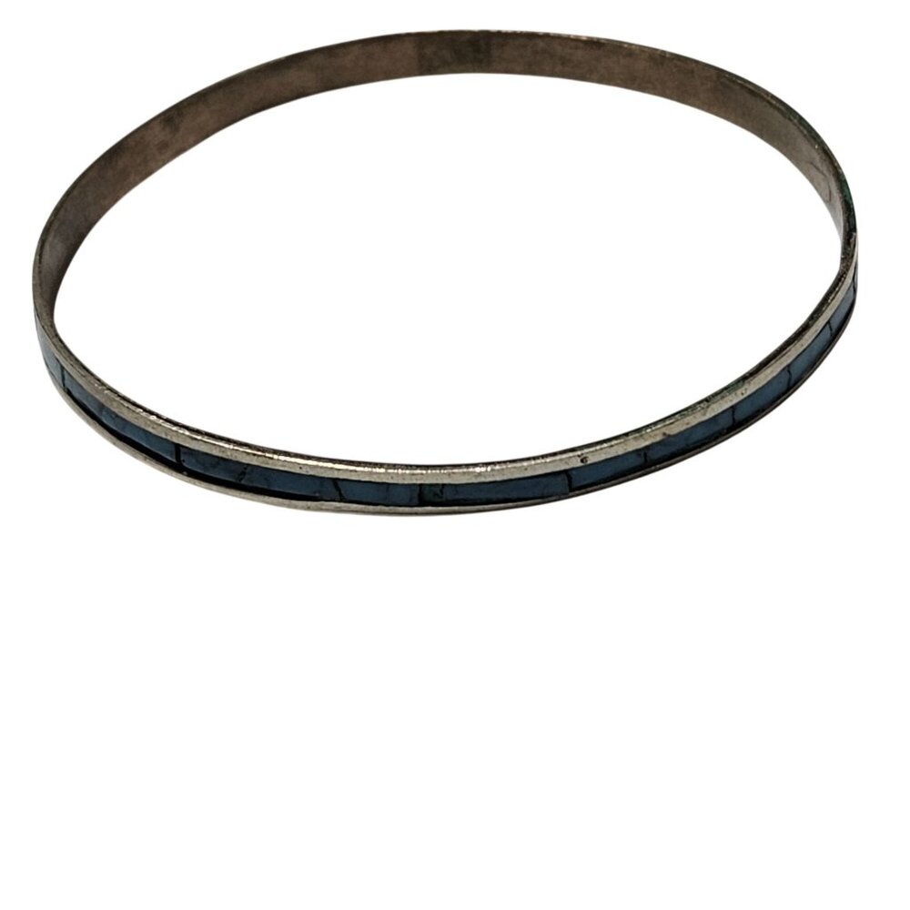 Vintage SilverTone Blue Inlay Bangle Bracelet Retro Minimalist Fashion Jewelry